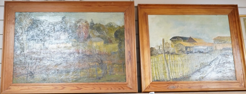 J G Saunders, pair of oils, one on board, one on canvas, 'Great Grove Farm, Ottershaw' and 'Broadwater Farm, Weybridge', 50 x 75cm. Condition - good